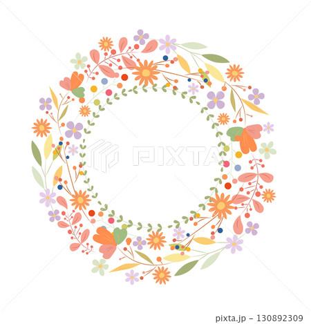 Wreath of flowers, clip art, isolated on white background. Decorative botanical hand drawn round frame, illustration. 130892309