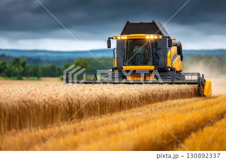Combine harvester harvesting wheat in field under cloudy sky 130892337