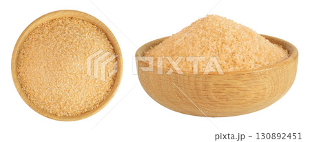 The brown sugar in wooden bowl isolated on white background. Top view. Flat lay 130892451