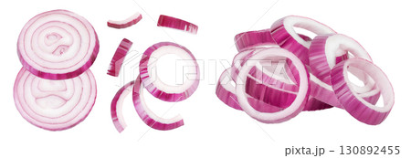 Red onion slices isolated on a white background. Top view. Flat lay 130892455