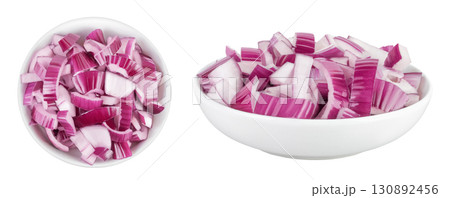 Red onion slices in ceramic bowl isolated on a white background. Top view. Flat lay 130892456
