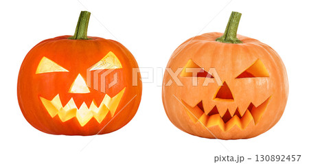Funny Jack O Lantern halloween pumpkin with candle light inside isolated on white background 130892457