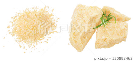 grated parmesan cheese isolated on white background. Top view. Flat lay. 130892462