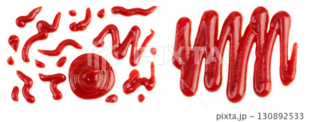 Red tomato sauce or ketchup isolated on white background. Top view. Flat lay. Set or collection Red tomato sauce or ketchup isolated on white background. Top view. Flat lay. Set or collection 130892533