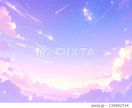 流れ星と雲が広がる幻想的なパステルカラーの夕空イラスト 130892534