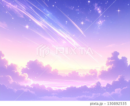 流れ星と雲が広がる幻想的なパステルカラーの夕空イラスト 130892535