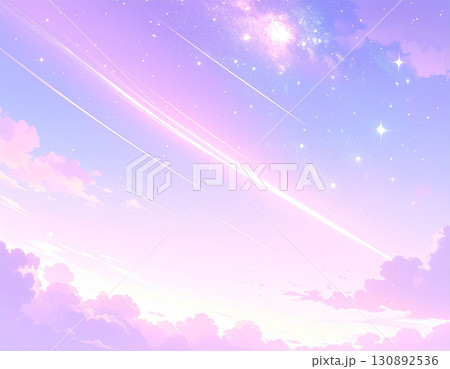 流れ星と雲が広がる幻想的なパステルカラーの夕空イラスト 130892536