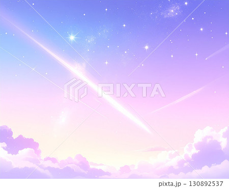 流れ星と雲が広がる幻想的なパステルカラーの夕空イラスト 130892537