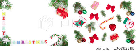 merry christmas inscription in frame made of fir branches isolated on white background with copy space for your text 130892599
