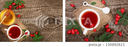 tea with rose hips and honey on old wooden background with copy space for your text. Top view 130892621
