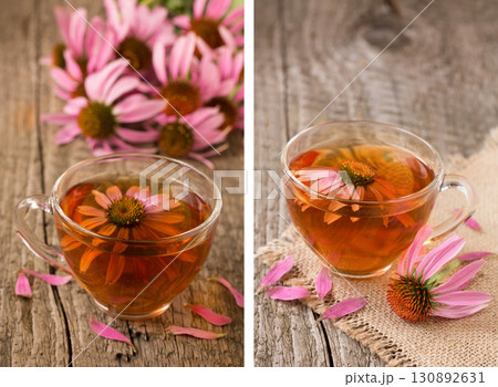 Cup of echinacea tea on old wooden table Cup of echinacea tea on old wooden table 130892631