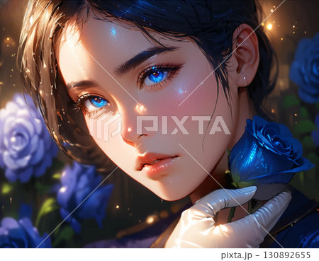 薔薇を背景にポーズをとる制服女性・高画質JPG素材 130892655