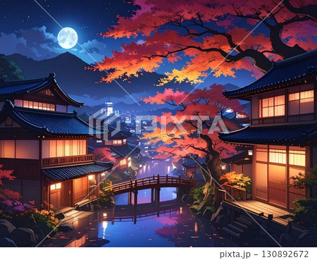 【AI生成画像】イラスト風　秋も深まる古都の夜 130892672