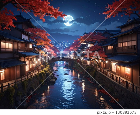 【AI生成画像】イラスト風　秋も深まる古都の夜 130892675