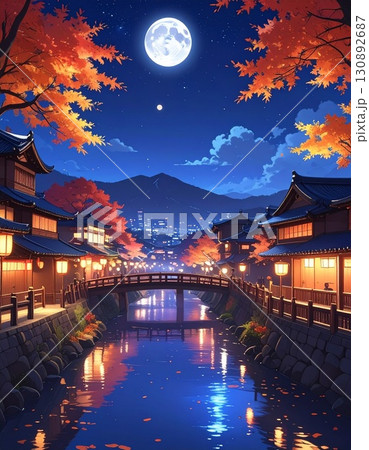 【AI生成画像】イラスト風　秋も深まる古都の夜 130892687