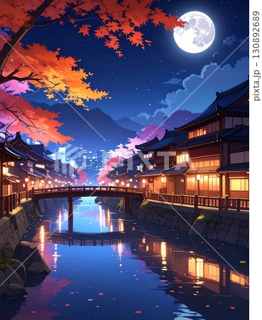 【AI生成画像】イラスト風　秋も深まる古都の夜 130892689
