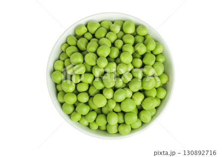 Fresh green peas in ceramic bowl isolated on white background. Top view. Flat lay Fresh green peas in ceramic bowl isolated on white background. Top view. Flat lay 130892716