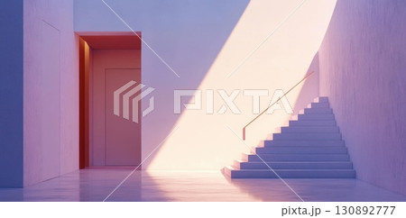 Sunlit Staircase with Minimalist Interior. 130892777