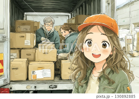 美優シリーズ：仲間と協力してトラックに荷物を積む美優 130892885
