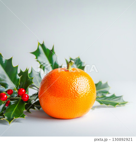 Arrangement with tangerine and sprigs of holly with red berries, symbolizing traditions of St. Nicholas Day. Perfect for holiday-themed designs, seasonal greetings or festive decor. Square format 130892921