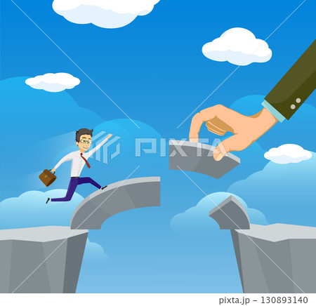 Hand builds a bridge on which a businessman runs 130893140