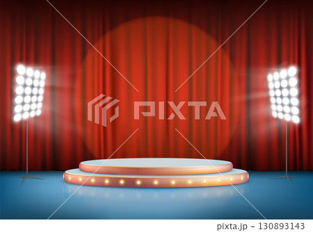 Round stage for performance with red curtain 130893143