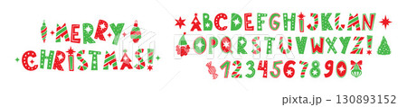 Christmas holiday font, New Year cute alphabet, vector hand drawn doodle letters and numbers design. 130893152