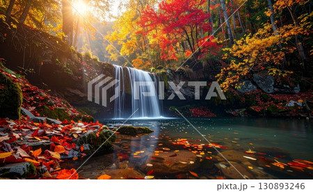 紅葉に包まれた滝 130893246
