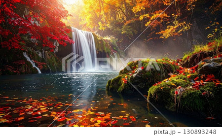 紅葉に包まれた滝 130893248