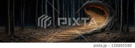 Panoramic view of enchanted forest pathway through twisting tree tunnel at night, fantasy woods Panoramic view of enchanted forest pathway through twisting tree tunnel at night, fantasy woods 130893580