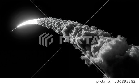 Rocket launch leaving dense cloud trail against night sky, military theme Rocket launch leaving dense cloud trail against night sky, military theme 130893582