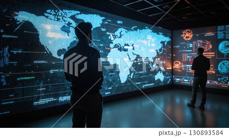 Silhouettes analyzing digital world map in high-tech control room 130893584
