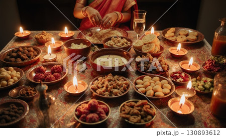 Lavish Diwali Festival Feast Table with Sweets Snacks and Oil Lamps. India 130893612