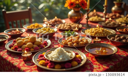 Lavish Diwali Festival Feast Table with Sweets Snacks and Oil Lamps. India 130893614