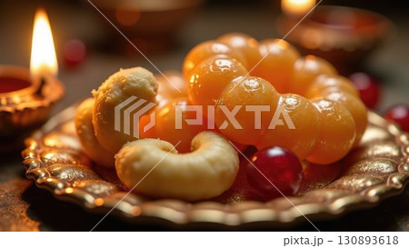 Macro Close-Up of Glistening Indian Sweets Jalebi and Ladoo for Diwali. 130893618