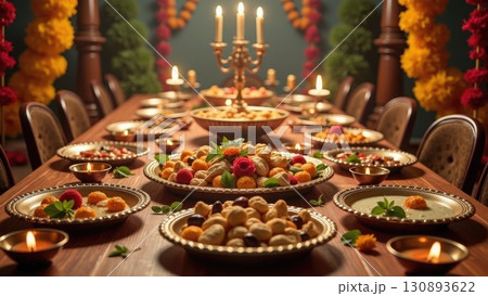 Lavish Diwali Festival Feast Table with Sweets Snacks and Oil Lamps. India Lavish Diwali Festival Feast Table with Sweets Snacks and Oil Lamps. India 130893622