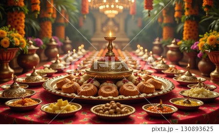 Lavish Diwali Festival Feast Table with Sweets Snacks and Oil Lamps. India Lavish Diwali Festival Feast Table with Sweets Snacks and Oil Lamps. India 130893625