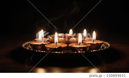 Warm Diya Light Illuminating Diwali Sweets Thali in Moody Still Life 130893631