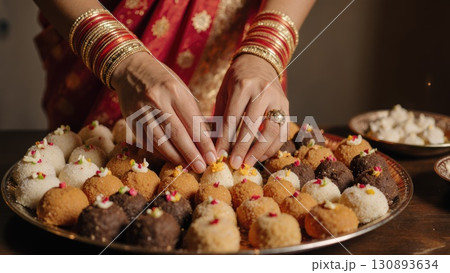 Hands Arranging Sweets on Diwali Thali Tray in Kitchen Preparation 130893634