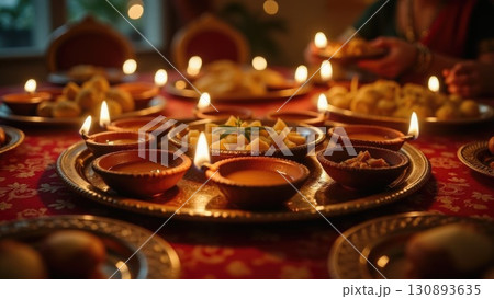Warm Diya Light Illuminating Diwali Sweets Thali in Moody Still Life Warm Diya Light Illuminating Diwali Sweets Thali in Moody Still Life 130893635