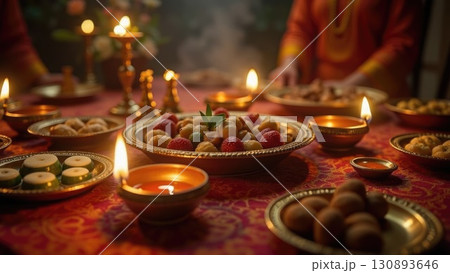 Warm Diya Light Illuminating Diwali Sweets Thali in Moody Still Life Warm Diya Light Illuminating Diwali Sweets Thali in Moody Still Life 130893646