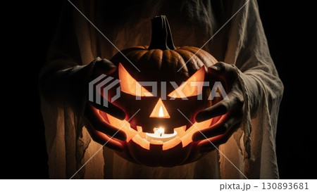 Ghost Hands Holding Glowing Jack-o-Lantern Pumpkin with Spooky Light 130893681
