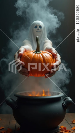 Ghost Hands Holding Pumpkin over Witch Cauldron with Spooky Smoke 130893686