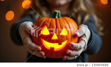 Child's Mummy Hands Holding Friendly Smiling Jack-o-Lantern Pumpkin Child's Mummy Hands Holding Friendly Smiling Jack-o-Lantern Pumpkin 130893689