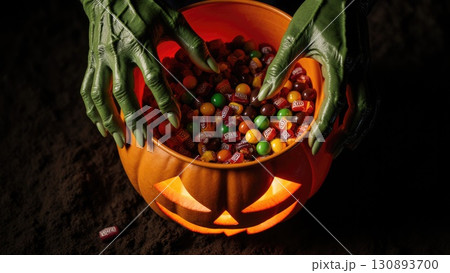 Overhead of Monster Hands Digging Through Pumpkin Bucket of Halloween Candy 130893700