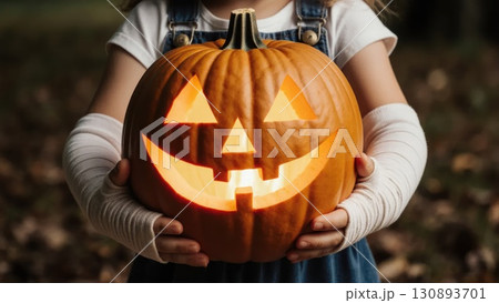 Child's Mummy Hands Holding Friendly Smiling Jack-o-Lantern Pumpkin Child's Mummy Hands Holding Friendly Smiling Jack-o-Lantern Pumpkin 130893701