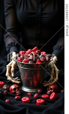 Elegant Skeletal Hands Arranging Dark Candy on Velvet Halloween Elegant Skeletal Hands Arranging Dark Candy on Velvet Halloween 130893705