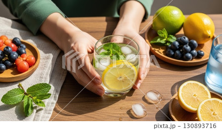 Detox Ritual with Lemon Water and Mint Detox Ritual with Lemon Water and Mint 130893716