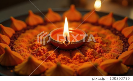 Dashahra, India. Macro Texture of Rangoli Powder and Terracotta Diya with Flame 130893759