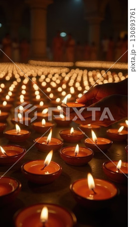 Lighting a Single Diya Among Hundreds in a Spiritual Temple Setting. Dashahra, India. 130893761
